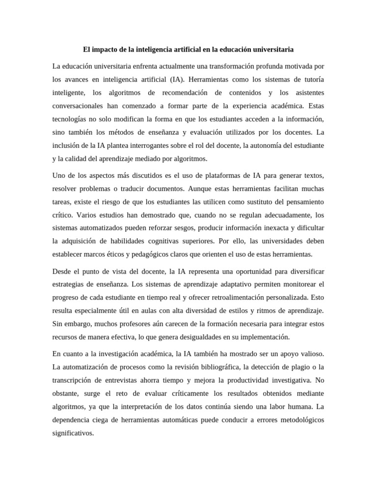 Impacto de la IA en la educación universitaria | PDF | Inteligencia ...
