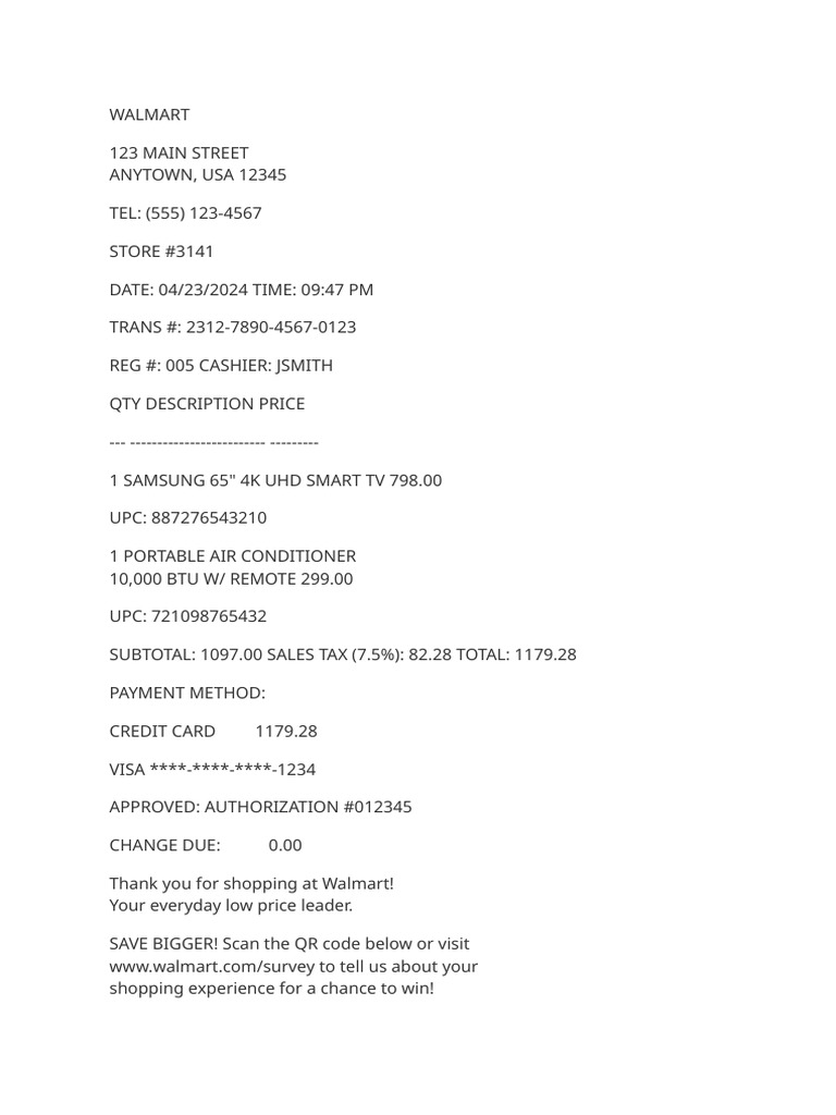 Walmart Receipt for Samsung TV 2024 | PDF