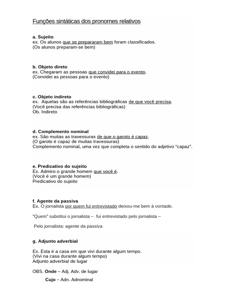 Funções dos Pronomes Relativos na Sintaxe | PDF | Pronome | Assunto ...