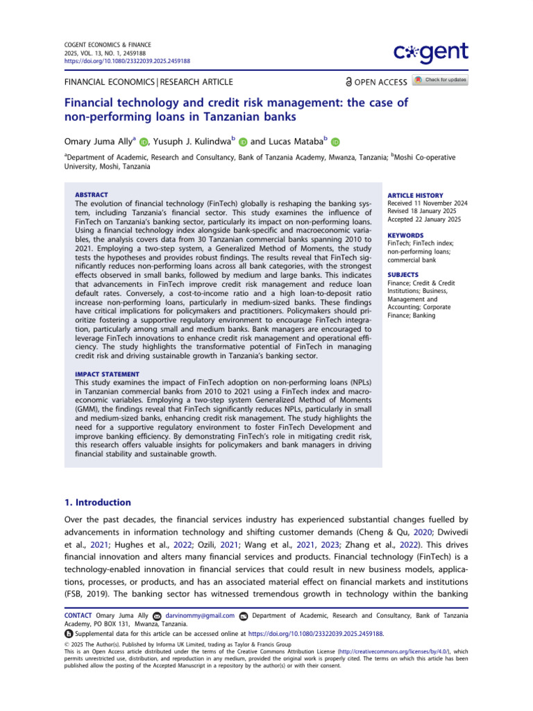 FinTech's Impact on Tanzanian NPLs | PDF | Banks | Risk