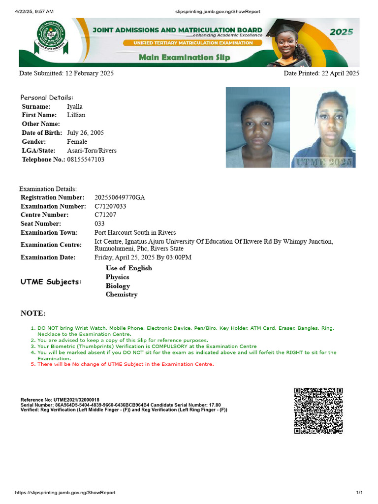 Biometric Verification for UTME Exam | PDF