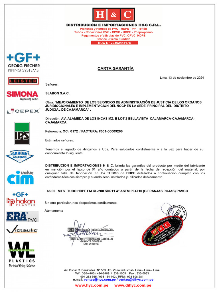 Garantía Tubos HDPE - Distribución H&C | PDF
