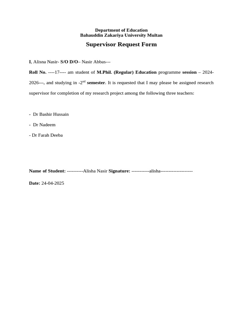 Supervisor Request for M.Phil. Research | PDF
