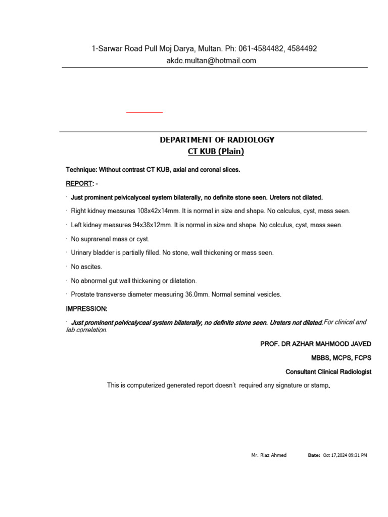 CT KUB Report for Mr. Taha | PDF