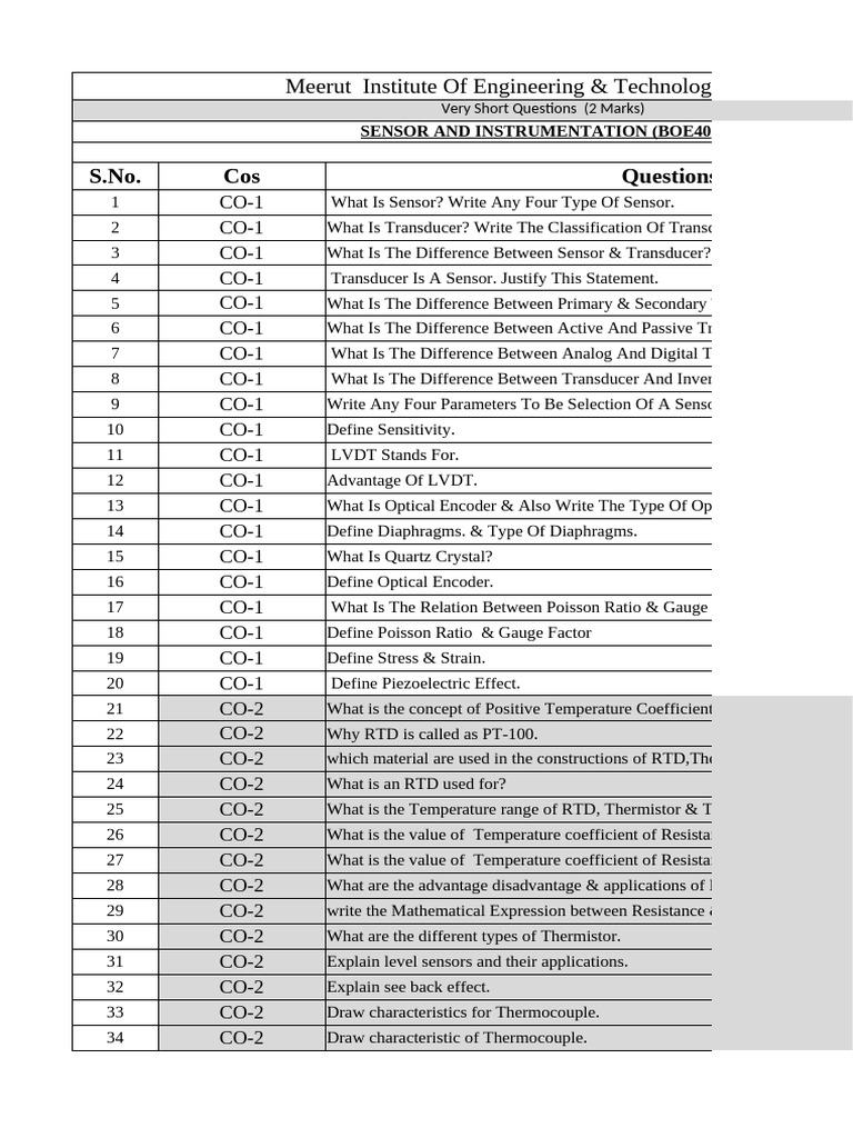 BOE405: Sensor & Instrumentation Q&A | PDF | Thermocouple | Applied And ...