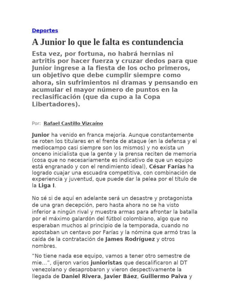 Junior: Mejoras y Falta de Contundencia | PDF | Asociación de equipos ...