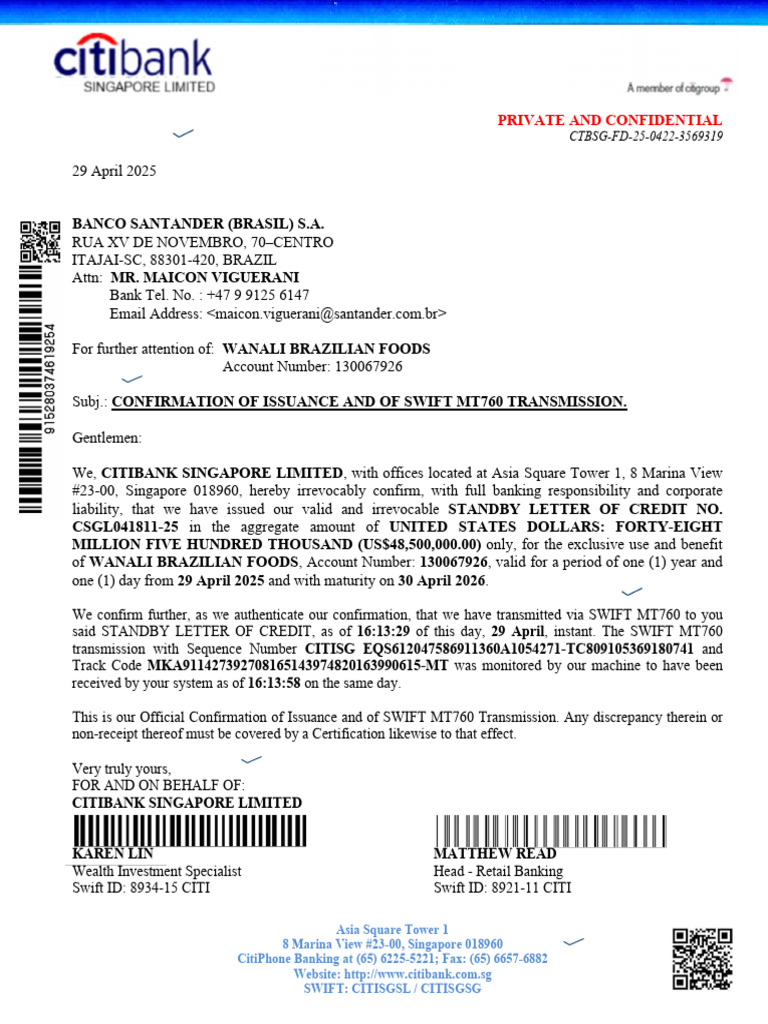 Citibank SWIFT MT760 Confirmation Letter | PDF | Financial Services ...