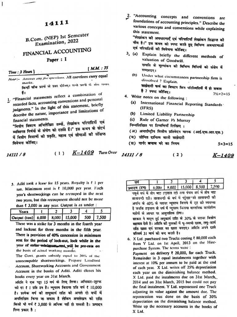 Bcom 1 Sem Financial Accounting 14111 2022 | PDF