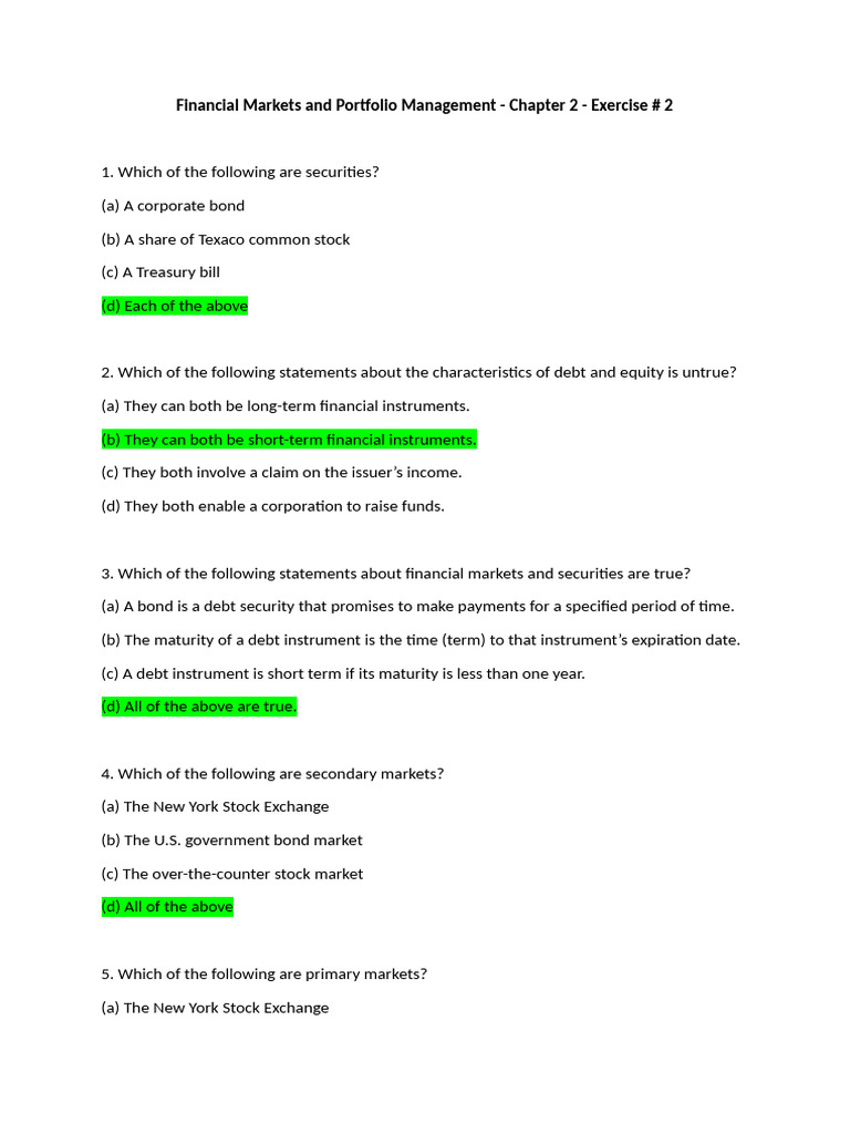 Financial Markets and Portfolio Management - Elearning Excercise 2 ...