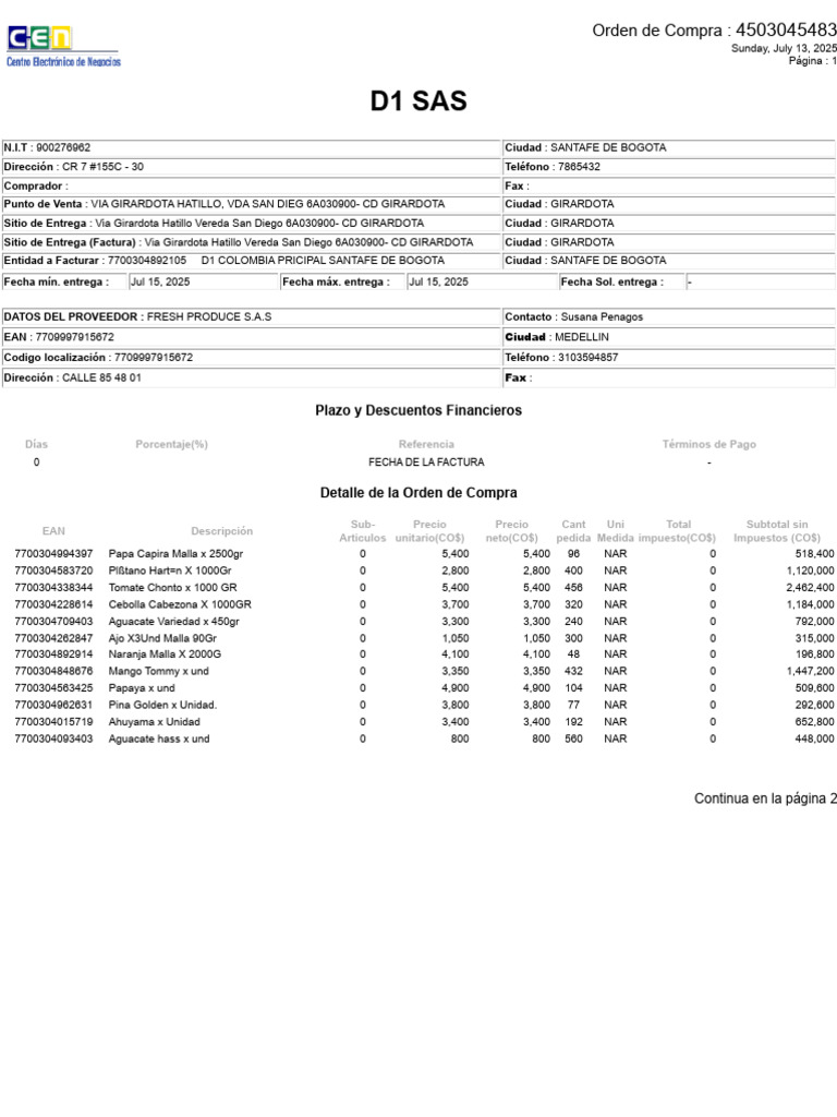 Orden de Compra D1 SAS - 4503045483 | PDF