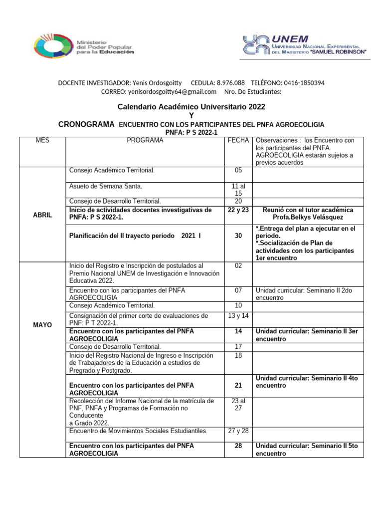 Calendario Académico PNFA 2022 | PDF