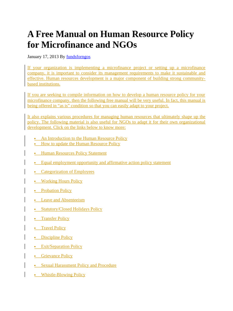 HR Policy Manual for Microfinance NGOs | PDF | Human Resource ...