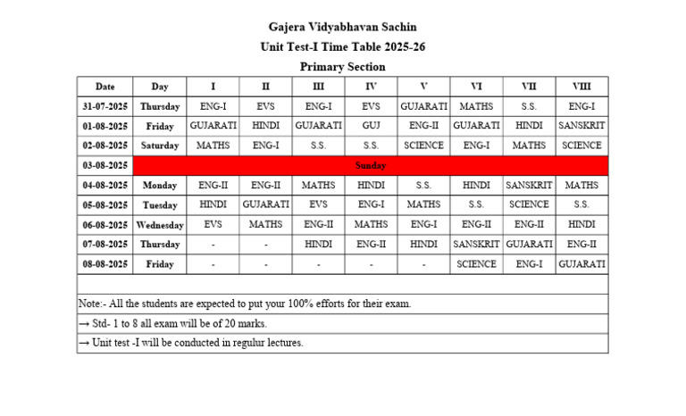 Primary School Exam Time Table 2025 | PDF