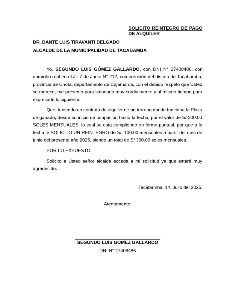 Solicitud De Reintegro De Alquiler PDF