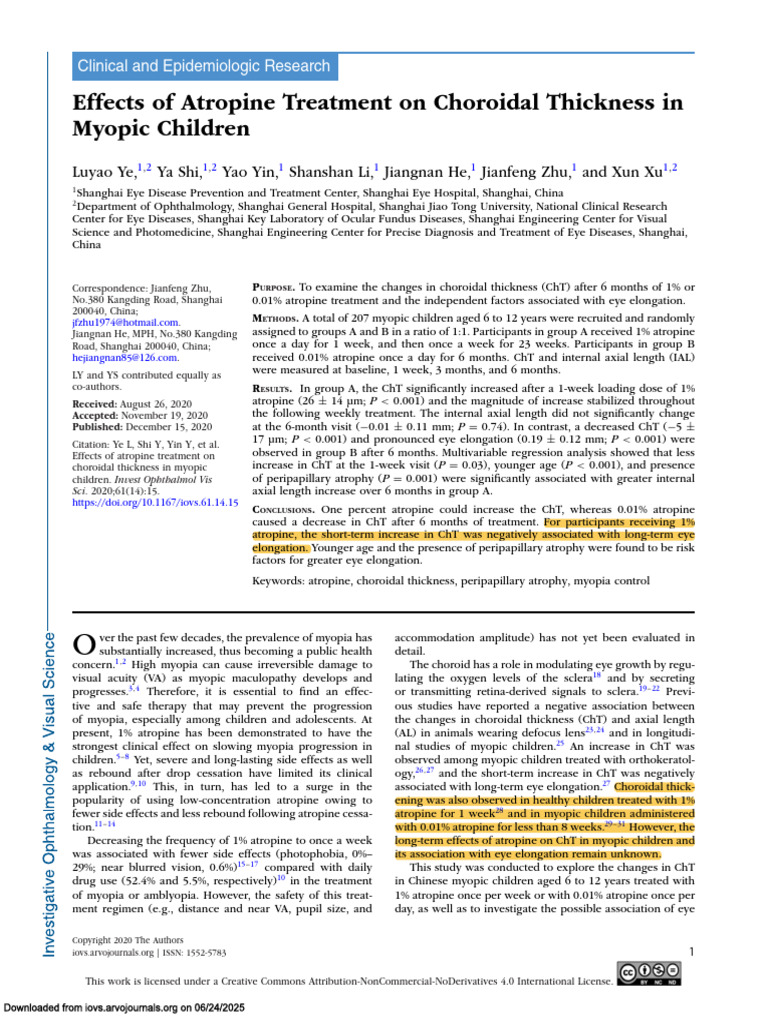 Atropine Effects on Choroidal Thickness in Myopia | PDF | Myopia ...