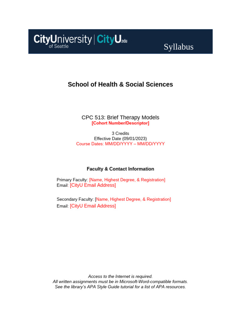 CPC 513: Brief Therapy Models Syllabus | PDF | Title Ix | Psychotherapy