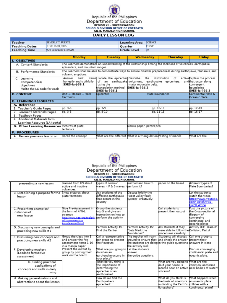 Grade 10 Science Daily Lesson Log | PDF | Plate Tectonics | Earth Sciences