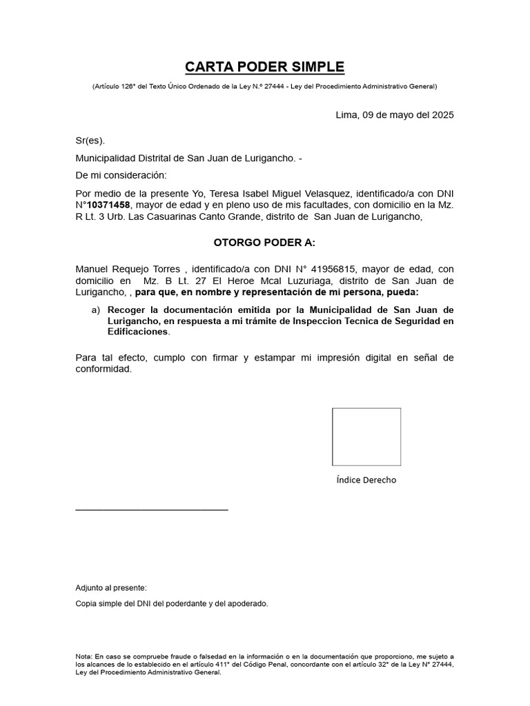 Carta Poder Simple para Trámites Municipales | PDF