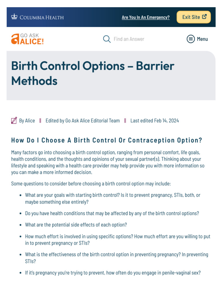 Birth Control Options - Barrier Methods - Go Ask Alice! | PDF | Condom ...