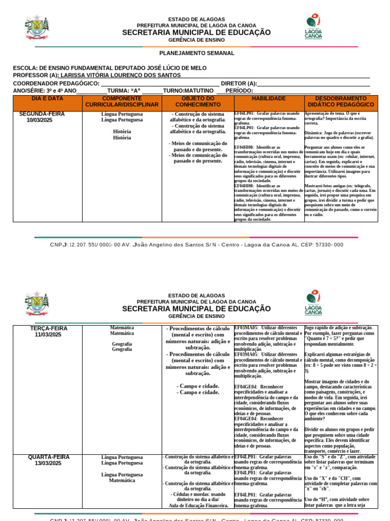 Planejamento Semanal de Ensino Fundamental | PDF | Comunicação | Pedagogia