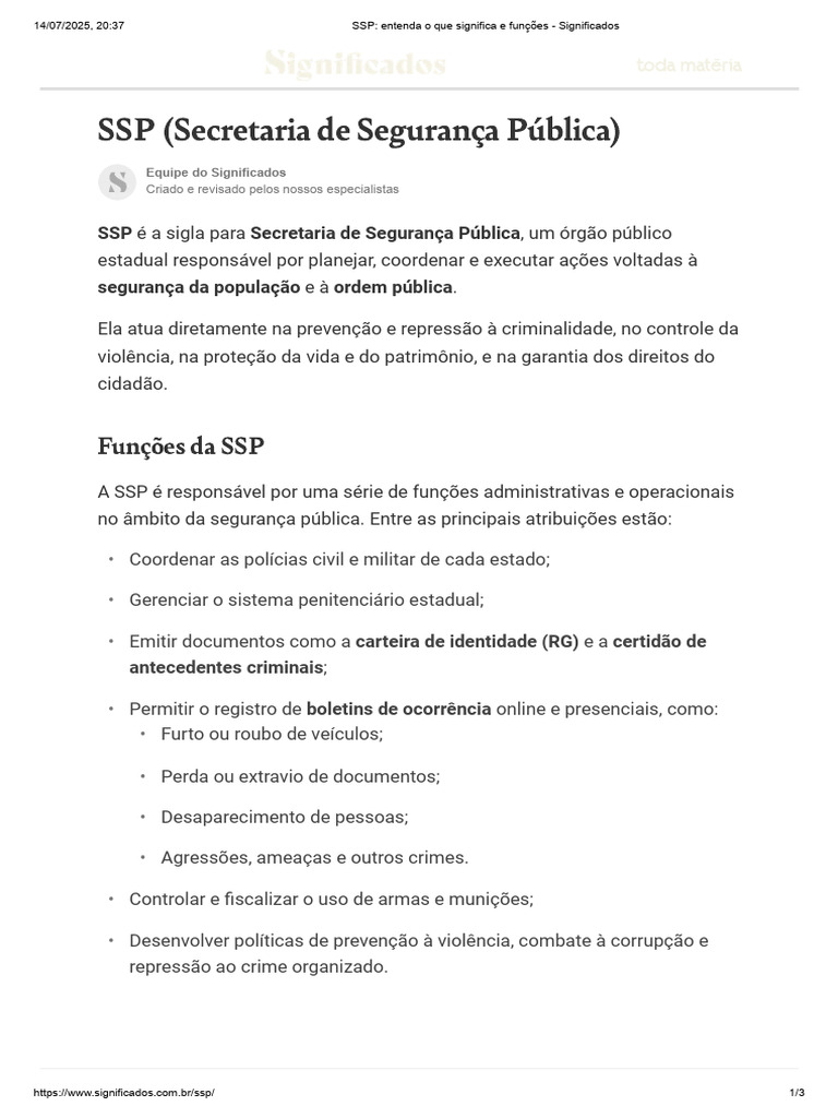 SSP - Entenda o Que Significa e Funções - Significados | PDF | Polícia
