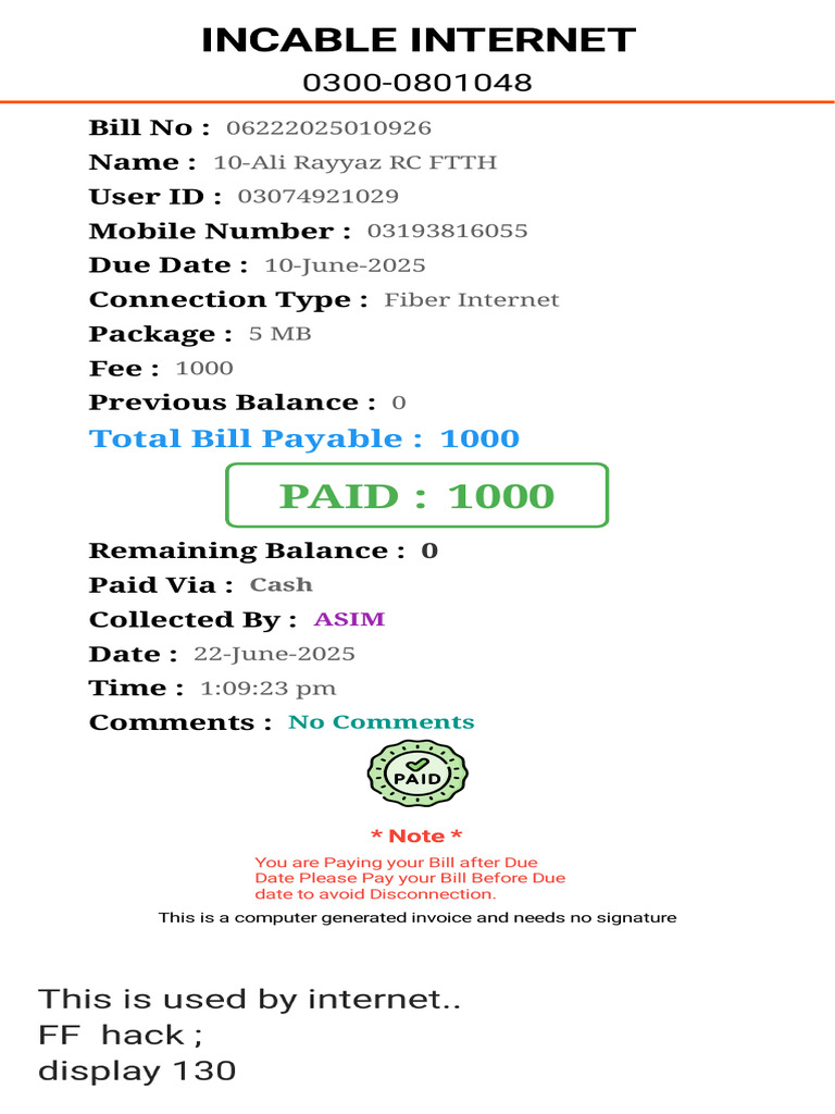 Incable Internet Bill Invoice | PDF
