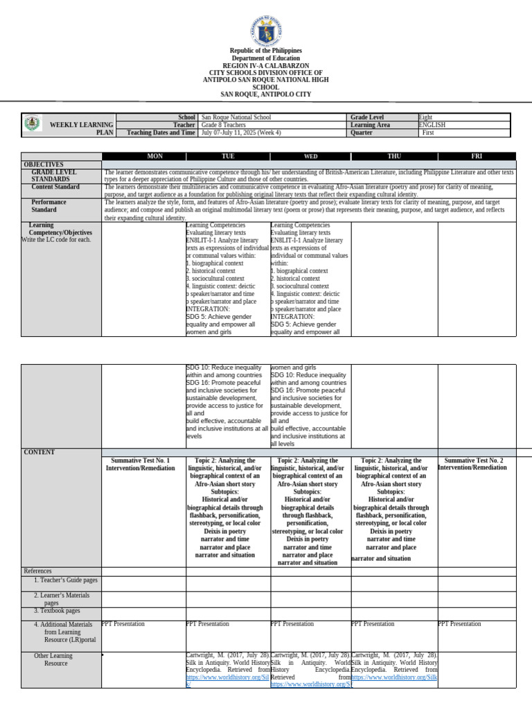 Grade 8 English Weekly Learning Plan | PDF | Poetry | Narration