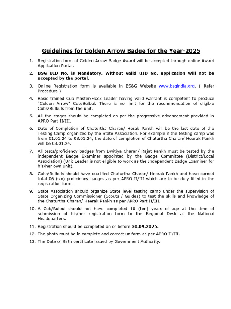 Golden Arrow Badge Guidelines 2025 | PDF