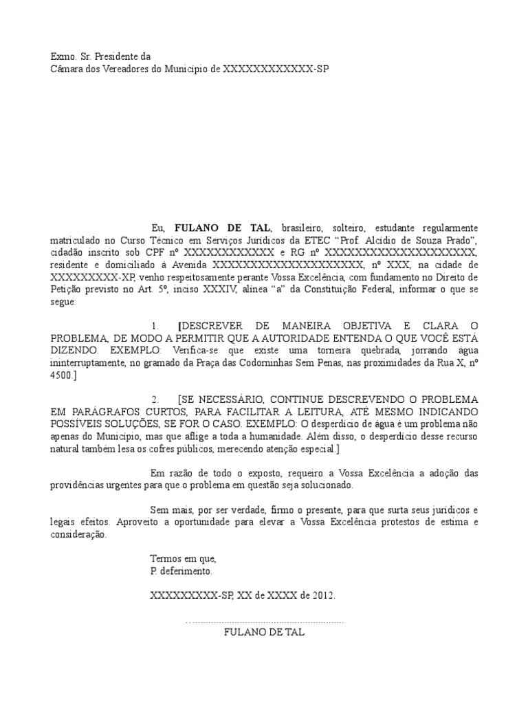 Modelo Oficio Direito De Peticao Na Pratica