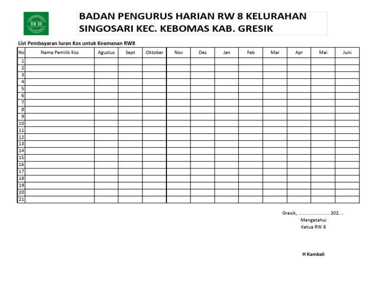 Pembayaran Iuran Kos RW8 Gresik | PDF