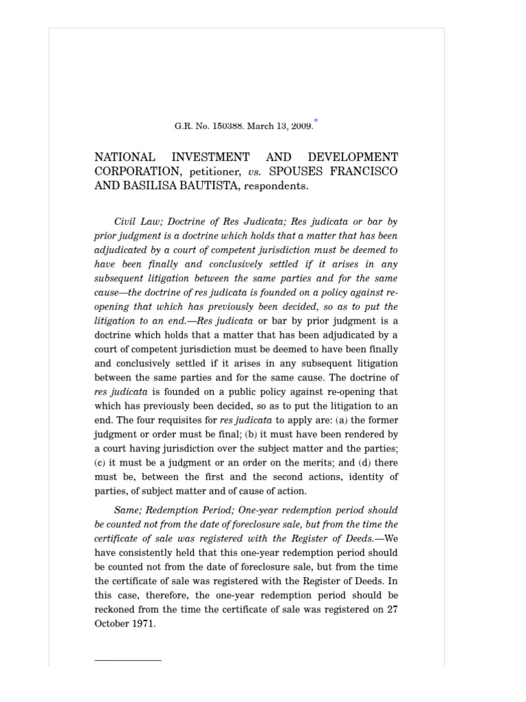 Res Judicata in Bautista vs. NIDC Case | PDF | Mortgage Law | Foreclosure