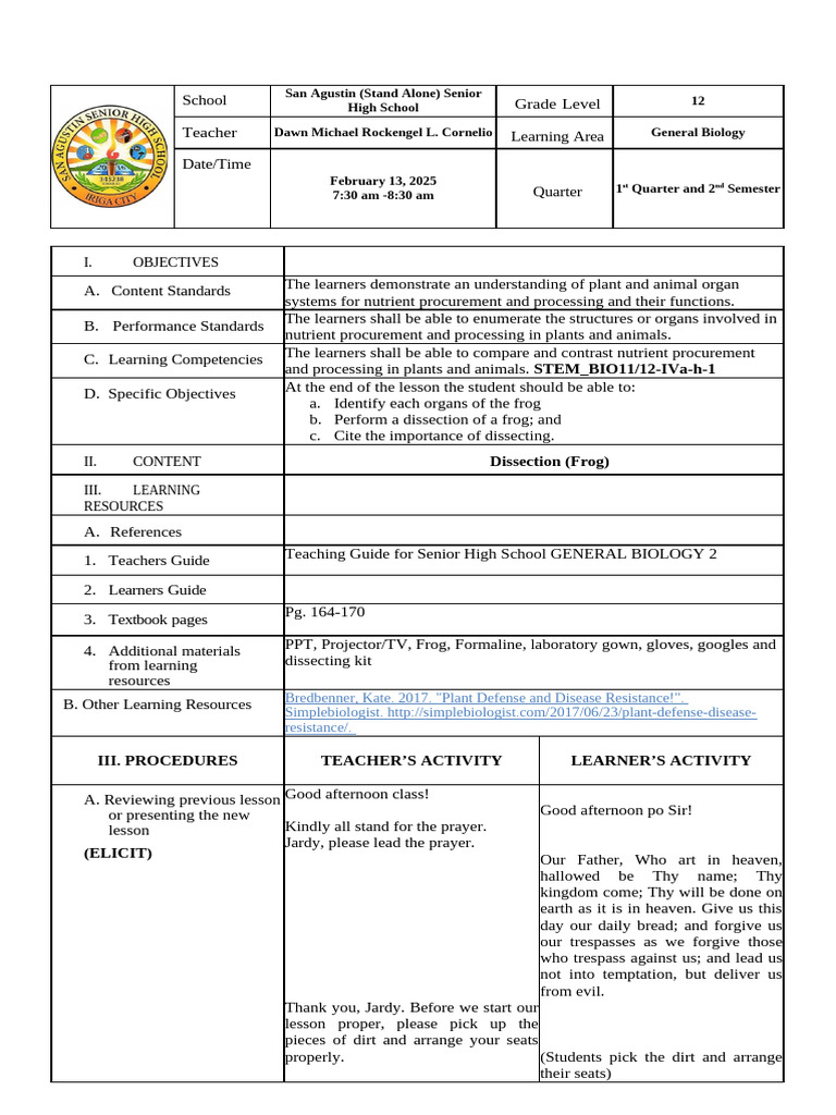 Frog Dissection Learning Objectives | PDF | Frog | Gastrointestinal Tract