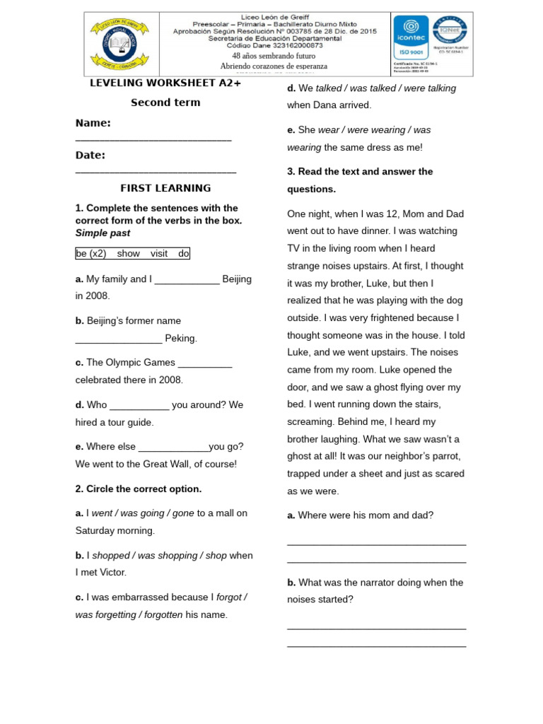 A2+ Level English Worksheet: Past Tense | PDF
