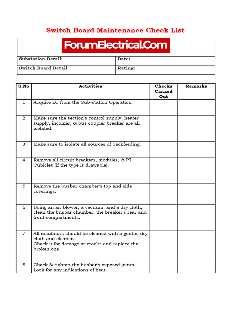 Switchboard Maintenance Activity Checklist | PDF