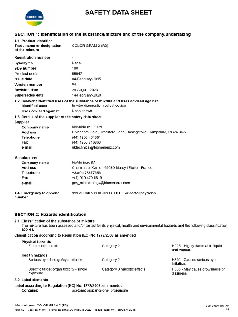 bioMérieux COLOR GRAM 2 Safety Data Sheet | PDF | Workplace | Working ...