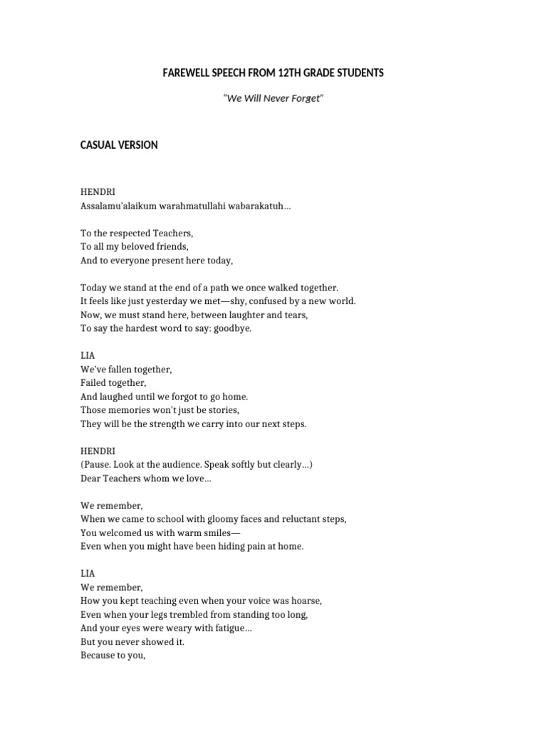 Grade 12 Farewell Speech: A Tribute | PDF