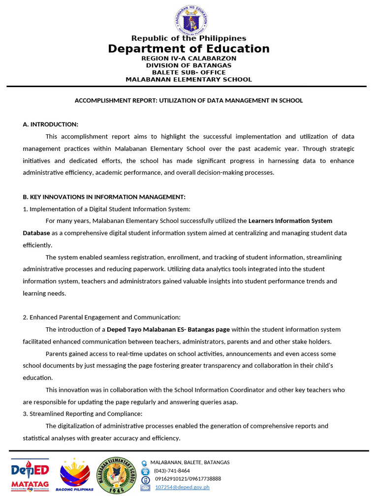 Malabanan Elementary School Data Report | PDF | Governance | Data ...
