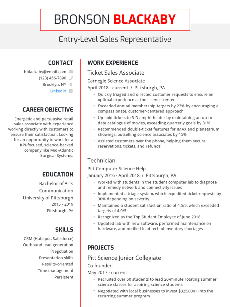 Entry Level Sales Rep Resume Example | PDF | Business | Computing