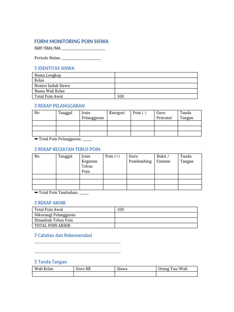 Form Monitoring Poin Siswa SMP/SMA | PDF