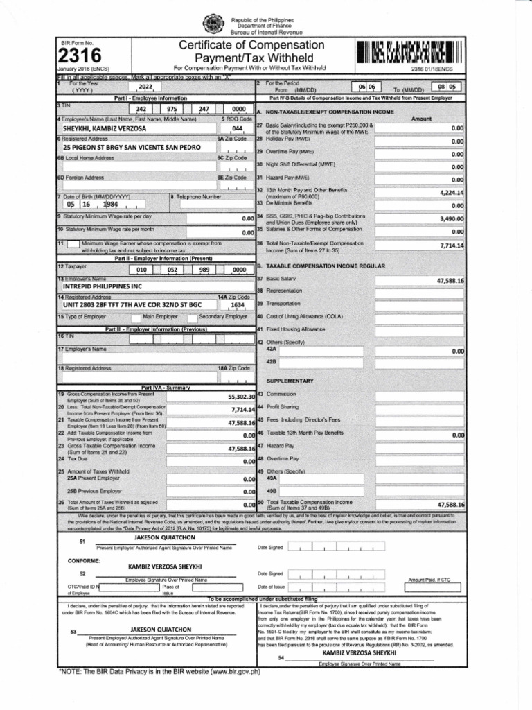 2018 BIR Form 2316: Tax Certificate | PDF | Cost Of Living | Labor