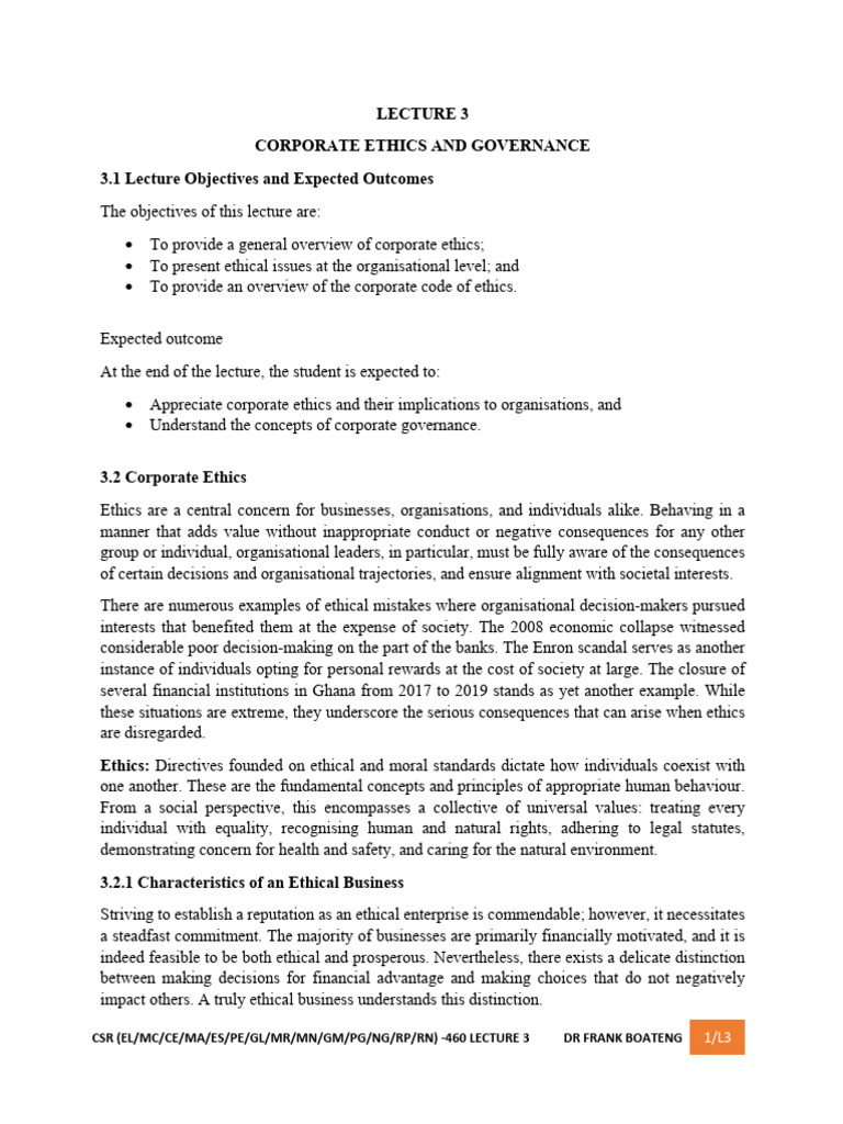 Corporate Ethics and Governance Overview | PDF | Corporate Governance ...