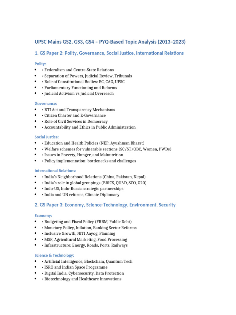 UPSC GS2, GS3, GS4 PYQ Analysis 2013-2023 | PDF | Governance | Integrity