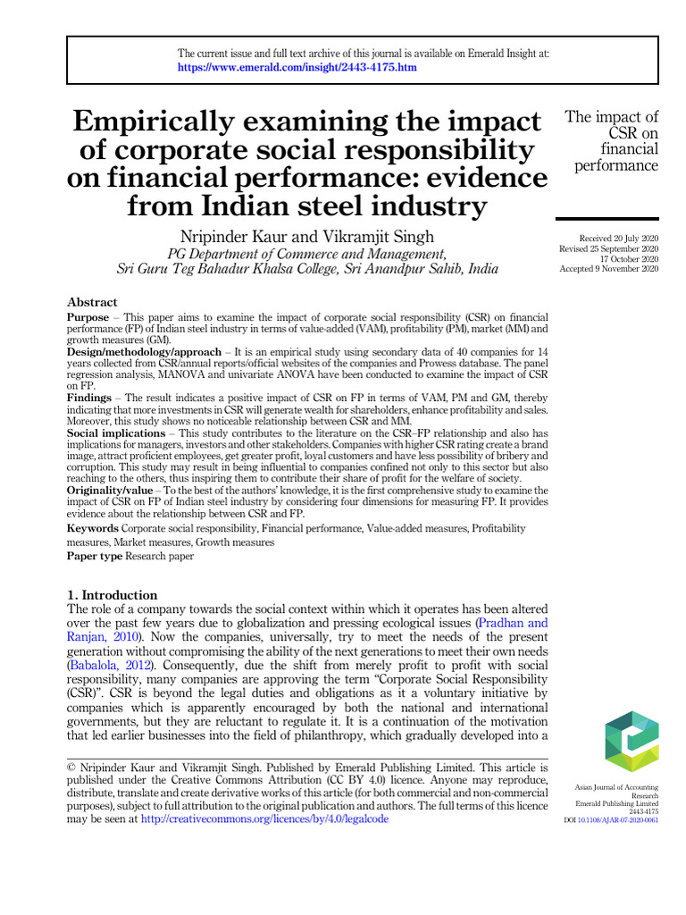 CSR's Impact on Financial Performance in Steel | PDF | Corporate Social ...