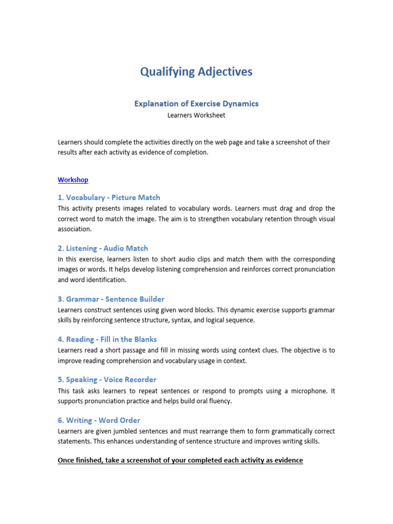 Qualifying Adjectives Learning Activities | PDF