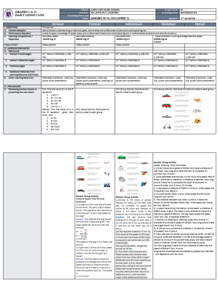 Grade 6 Math Daily Lesson Plan | PDF | Speed | Distance