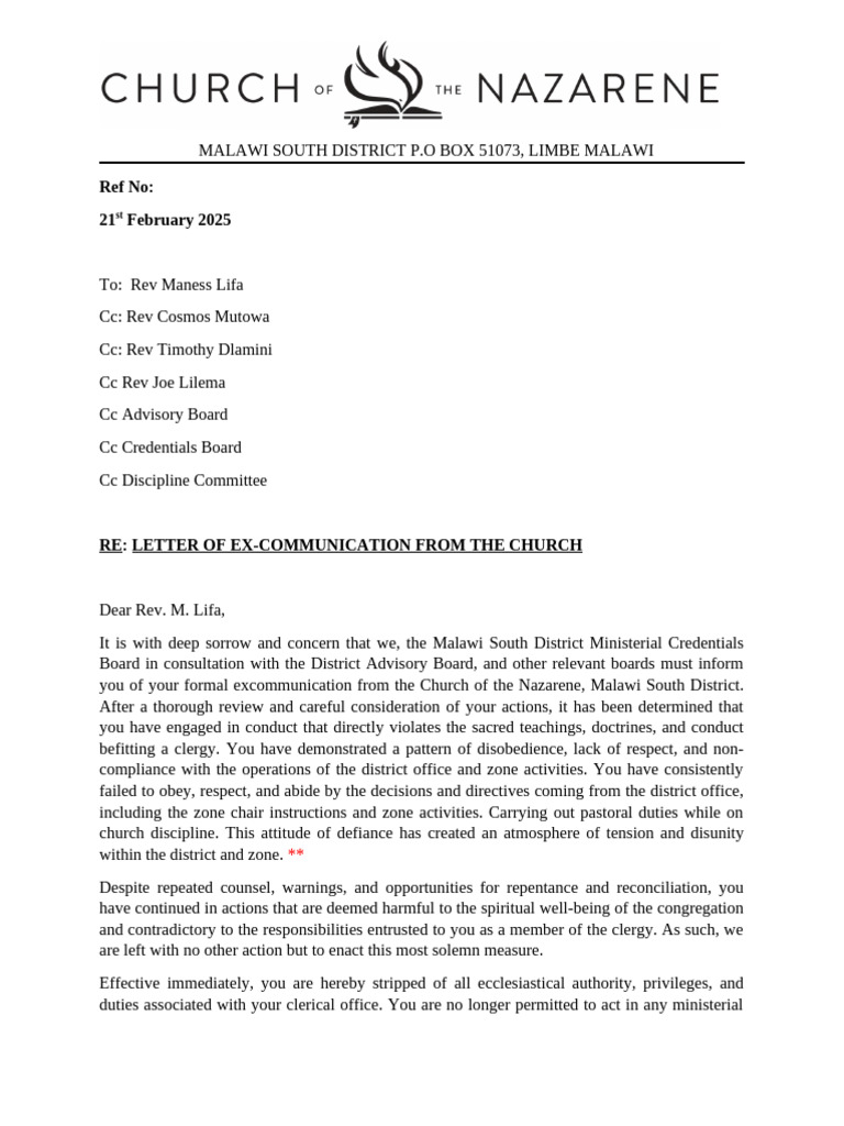 Excommunication Notice for Rev. Lifa | PDF | Christian Denominational ...
