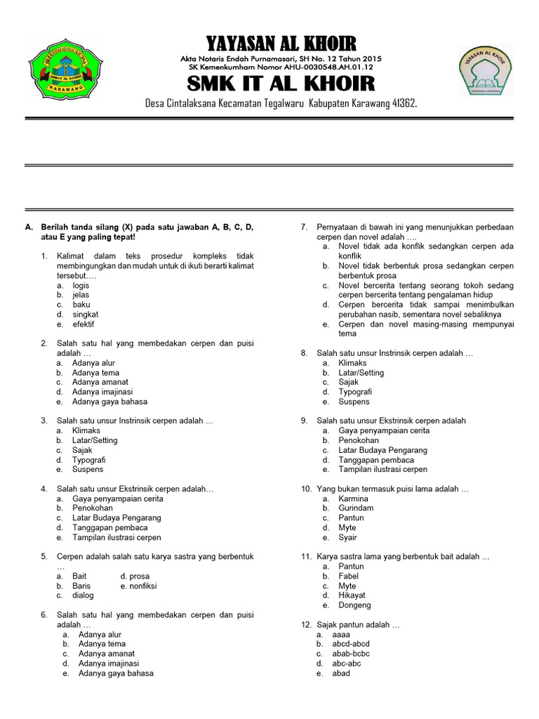 Soal Bahasa Indonesia SMK Al Khoir | PDF