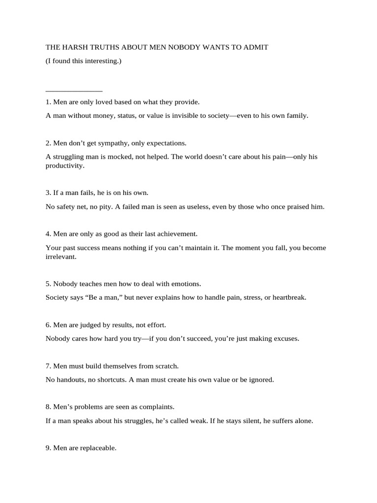 The Harsh Truths About Men Nobody Wants To Admit | PDF