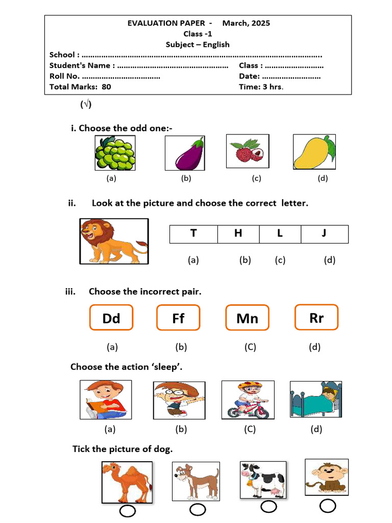 Class 1 English Exam Paper 2025 | PDF | Chess Theory | Chess