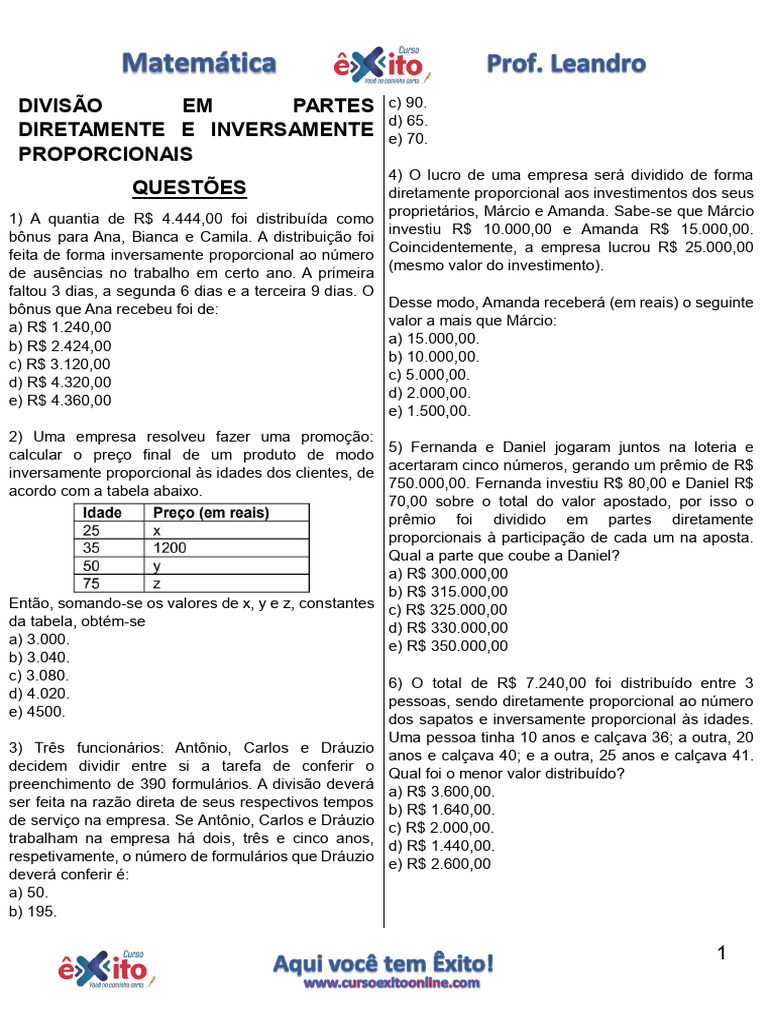 Divisão em Partes Diretamente e Inversamente Proporcionais - Questões ...